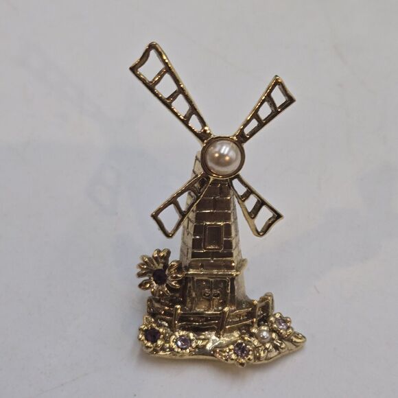 Vintage 1928 Windmill Standing Brooch Pin Faux Pearl Rhinestone Gold Tone Rare - Picture 1 of 4